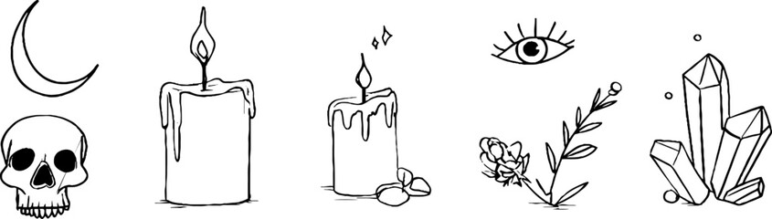 Minimalist line art set featuring moon, tarot card, candle, skull, eye, crystal, and floral motifs