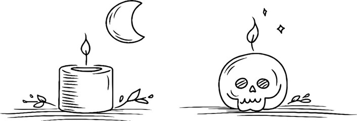 Mystical minimalist line art: moon, candle, and skull for bohemian tarot design