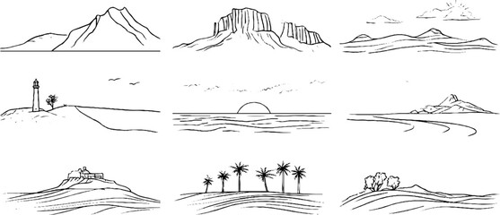 Fototapeta premium Minimalist line art collection of mountain and landscape silhouettes for aesthetic design projects