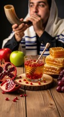 Solemn figure blowing shofar, observing Rosh Hashanah with sweet honey, bright apples, red pomegranates on dark wood, Jewish New Year celebration.