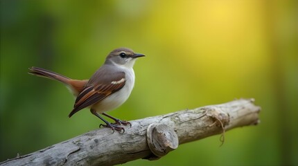 Obraz premium Stunning small bird with brown wings, white underparts, and reddish tail perched on a weathered wooden branch, bathed in golden sunlight against a vibrant green bokeh.