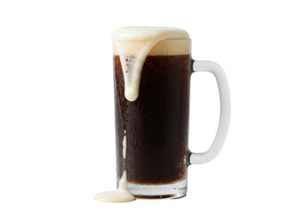 Isolated root beer beverage in a large mug overflows with foam, a refreshing cold drink