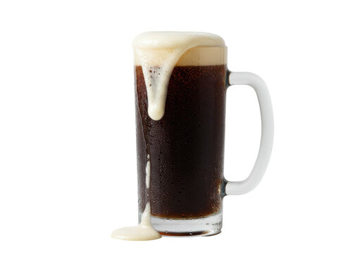 Isolated root beer beverage in a large mug overflows with foam, a refreshing cold drink