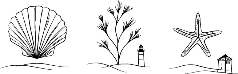 Coastal minimalist line art collection featuring seashell, lighthouse, and starfish for nautical design