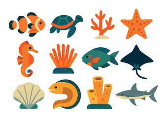 Underwater life flat icon set. featuring fish, turtle, coral, starfish, seahorse, clam, and shark symbols.