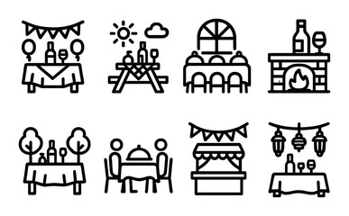 Restaurant dining linear icon set. featuring table, picnic, dinner, fireplace, outdoor, banquet, and drinks symbols.