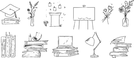 Minimalist line art collection featuring education themes and student life icons for design inspiration