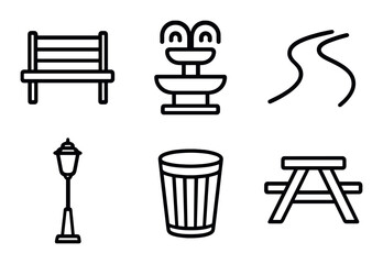 Park elements linear icon set. featuring bench, fountain, pathway, lamp post, trash can, picnic table.