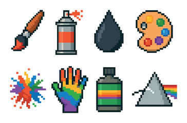 Obraz premium Art supplies pixel icon set. featuring paintbrush, spray can, ink drop, palette, splash, glove, paint tube, cone..