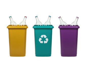 Isolated Recycling bins with empty bottles ready for separate waste collection and sorting