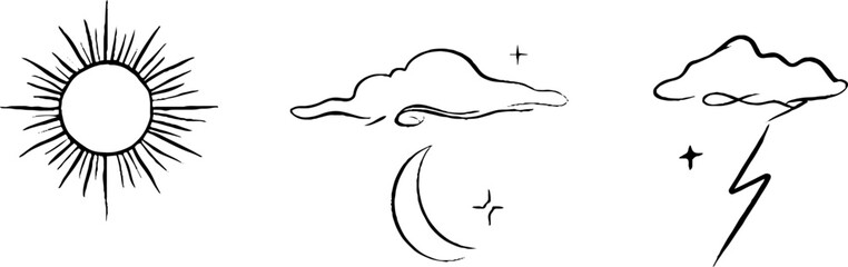 Fototapeta premium Minimalist boho line art set of sun, moon, stars, and clouds for aesthetic design