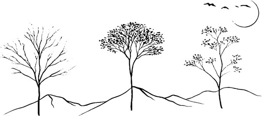 Obraz premium Minimalist line art collection featuring trees and mountains with sun and clouds