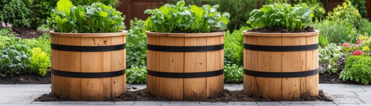 Wooden Barrel Planters with Greenery, Garden Decor ,Container Gardening