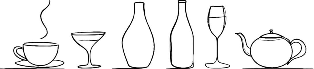 Minimalist line art set featuring teacup, wine bottle, and teapot for modern design