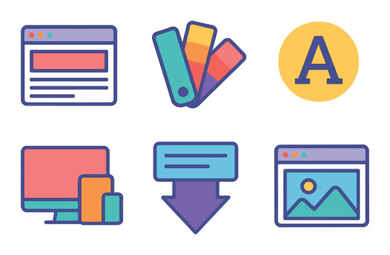 Graphic design flat icon set. featuring browser, palette, font, device, download, gallery symbols.