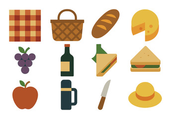 Picnic food flat icons set. featuring cheese, bread, wine, sandwich, apple, grapes, and basket symbols.