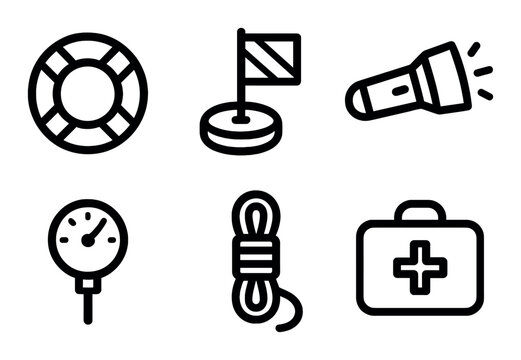 Emergency equipment linear icon set. featuring lifebuoy, flag, flashlight, gauge, rope, and first aid kit symbols.