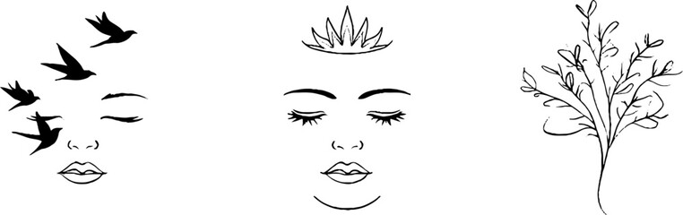 Obraz premium Minimalist line art set of woman in harmony with nature elements