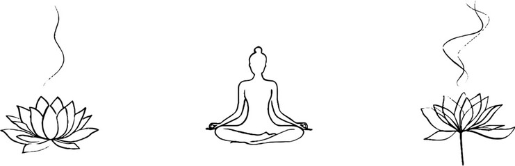 Minimalist line art set featuring yoga pose and lotus flower for wellness design