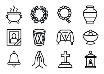 Funeral and memorial linear icons set. featuring wreath, urn, prayer, grave, candle, and more symbols.