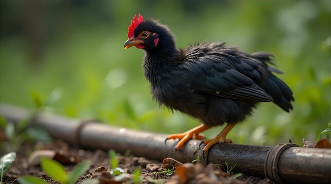 Vibrant black chick with a small red comb stands on a dark pipe in a lush green garden, a detailed outdoor shot of young poultry with a captivating soft bokeh background. - Powered by Adobe