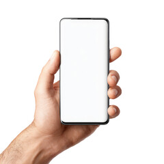 Hand holding a smartphone with a blank screen