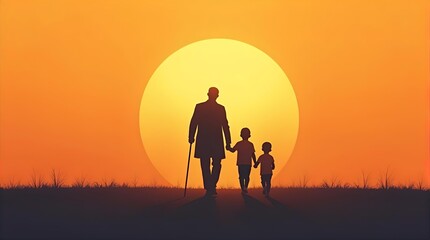 Golden hour silhouette of a loving grandfather with a cane walking hand-in-hand with two young children against a vibrant orange sunset sky