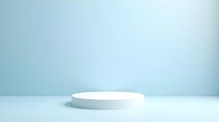 White round product display podium on a light blue minimalist studio background. Clean empty platform for elegant e-commerce product photography and presentation.