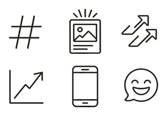 Social media linear icon set. featuring hashtag, photo, share, growth, smartphone, emoji symbols.