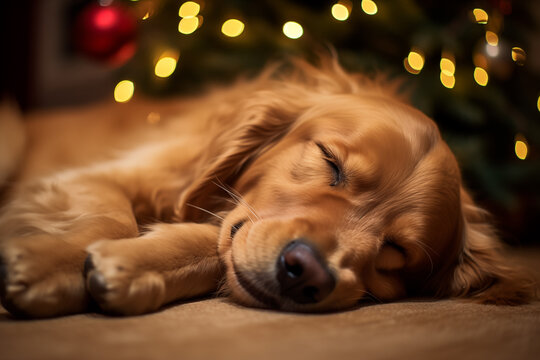 Dog Sleeping Peacefully Under Christmas Tree with Lights