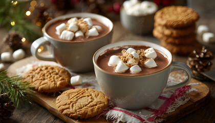 Fototapeta premium Cozy hot chocolate cups with marshmallows and cookies on table