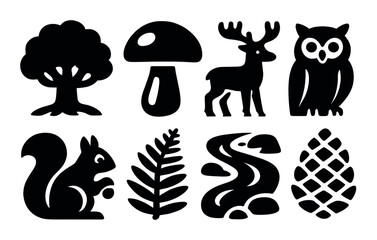 Nature silhouette icon set. featuring tree, mushroom, deer, owl, squirrel, leaf, river, pine cone..
