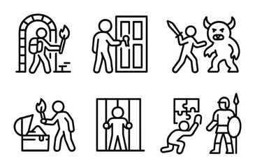 Dungeon adventure linear icons set. featuring explorer, door, monster, treasure, prisoner, puzzle, warrior.