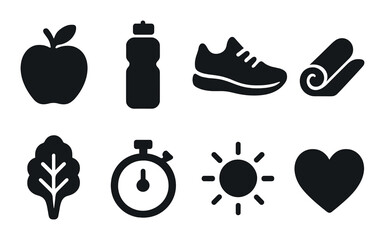 Healthy lifestyle silhouette icon set. featuring apple, bottle, sneakers, mat, leaf, stopwatch, sun, heart symbols.