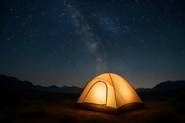 Night travel scene with glowing tent under starry sky, symbolizing unique and unforgettable journeys.