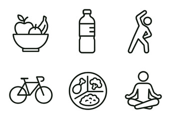 Healthy lifestyle linear icon set. featuring fruit, water bottle, exercise, bicycle, meal, and meditation symbols.