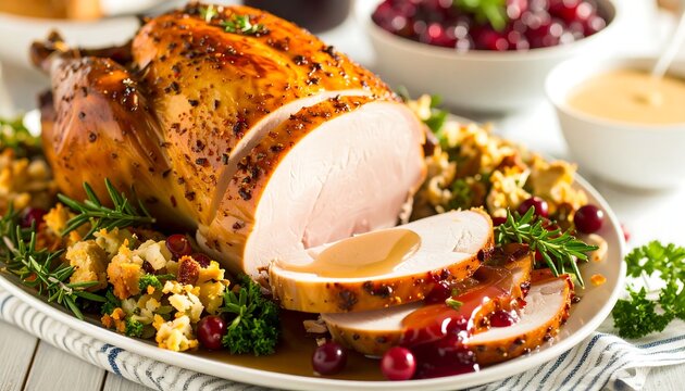 Roasted turkey breast, sliced, with cranberry sauce and stuffing