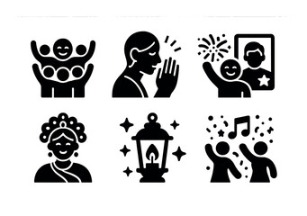 Celebration silhouette icon set. featuring family, prayer, selfie, festival, tradition, lantern, and dance icons.