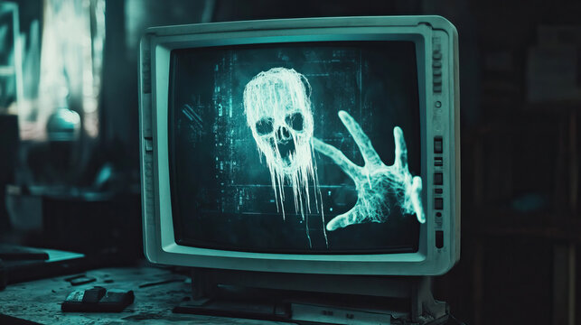 Glitchy, translucent digital ghost trapped inside an old CRT computer monitor