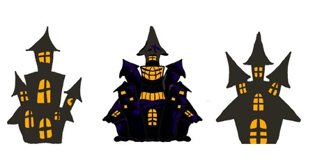 Halloween Haunted House Set with White Outline, Transparent Background