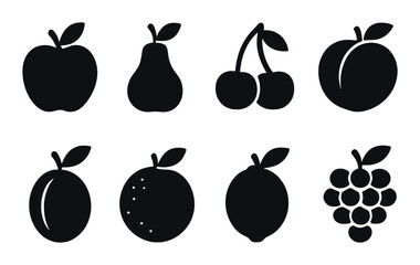 Fruits silhouette icons set. featuring apple, pear, cherry, peach, plum, orange, lemon, and grape symbols.