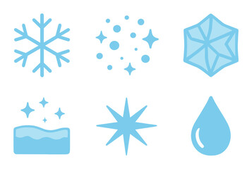 Weather and nature silhouette icon set. featuring snowflake, particle, crystal, snowfall, star, raindrop symbols.
