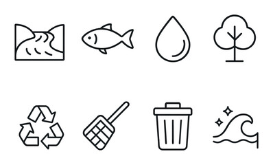 Environment silhouette icon set. featuring ocean, fish, water drop, tree, recycle, net, trash, wave symbols.