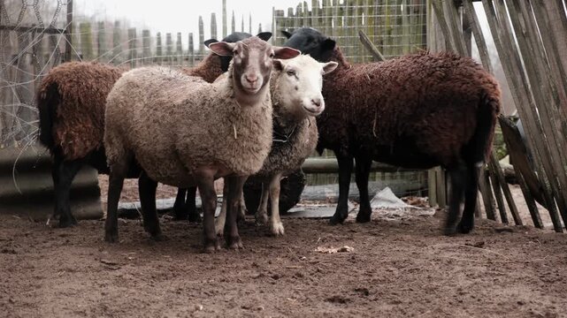 Flock of sheep grazes peacefully in a rustic farm setting alive with nature. Detailed closeup of brown and white sheep herd. Concept of sheep farming and herding. Open-air sheepfold. Farmhouse