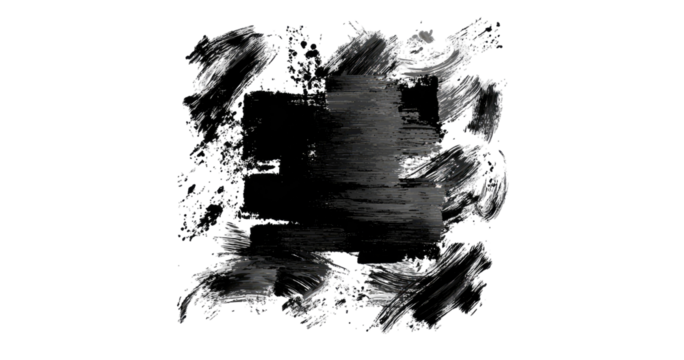 Abstract, black and white, square, distressed frame, with jagged edges, textured brushstrokes, surrounding a dark central area