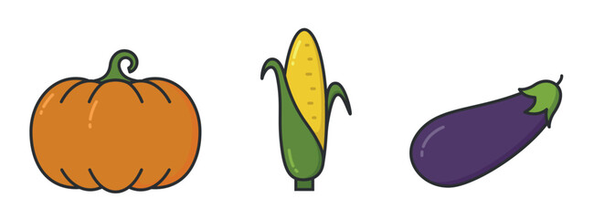 Cartoon-style illustration of three vegetables: an orange pumpkin with a green stem, a yellow ear of corn with green husks, and a purple eggplant with a green calyx.