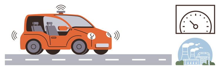 Autonomous vehicle with sensors driving on a road, speedometer indicating control, and a factory setup in the distance. Ideal for technology, automation, innovation, urban mobility, energy