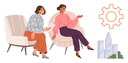 Two women talking while seated on armchairs, accompanied by a gear and modern cityscape, symbolizing teamwork, collaboration, urban planning, innovation, and leadership. Ideal for business