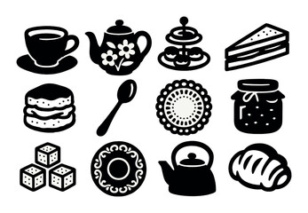 Tea time silhouette icon set. featuring teapot, teacup, cake, cookies, spoon, jar, bread, sugar, and plate symbols.