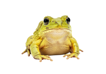 Isolated grumpy amphibian looking at the camera from ground level, studio shot, centered